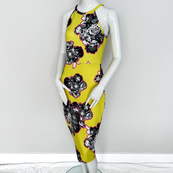 ASOS Lime Yellow Outline Floral Scuba Midi Bodycon Dress Stretch US6 - Picture 7 of 17
